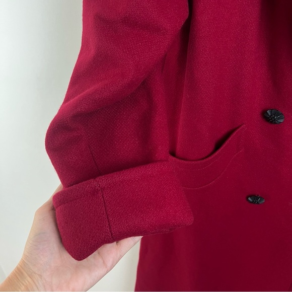 Vintage Jofeld Long Wool Coat Velvet Collar Pockets Red Black Large Old Money - Picture 5 of 16
